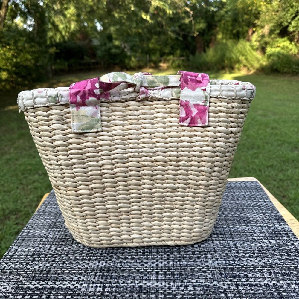 Laura Ashley Floral Fabric Lined Straw Shoulder Bag pre owned